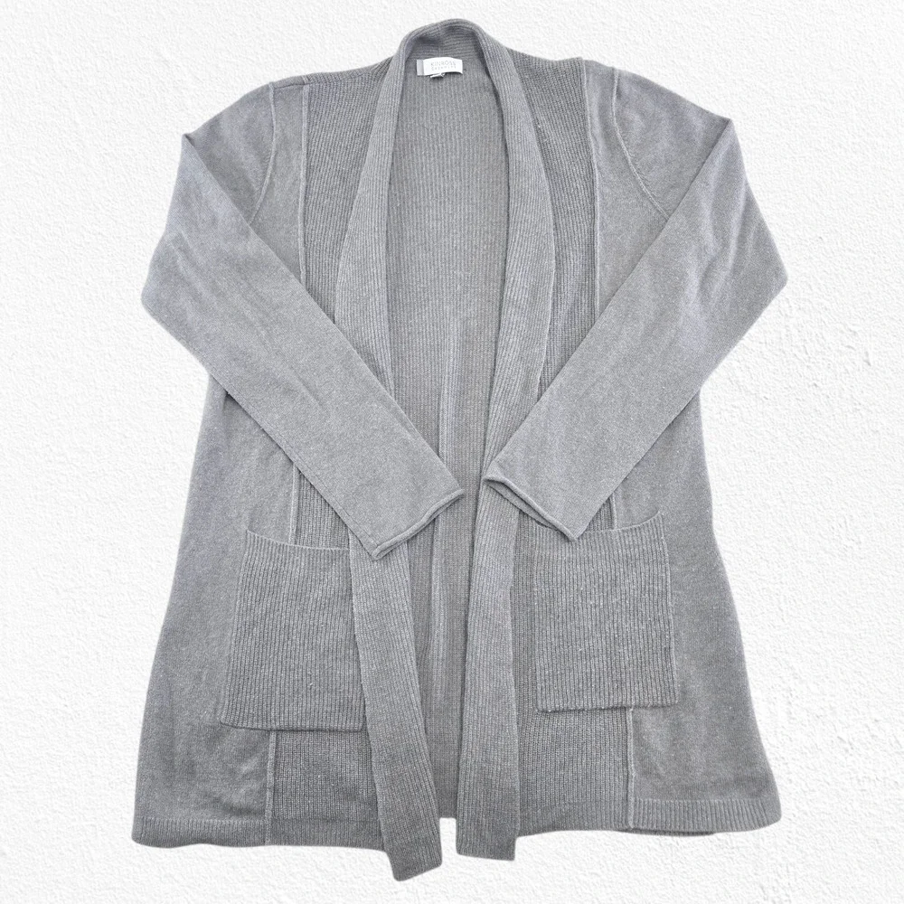 Kinross 100% Cashmere Gray Open Front Cardigan Sweater Large Pockets Luxe Soft